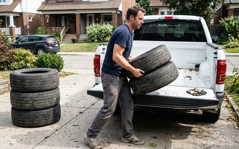 Worn car tires being loaded two at a time