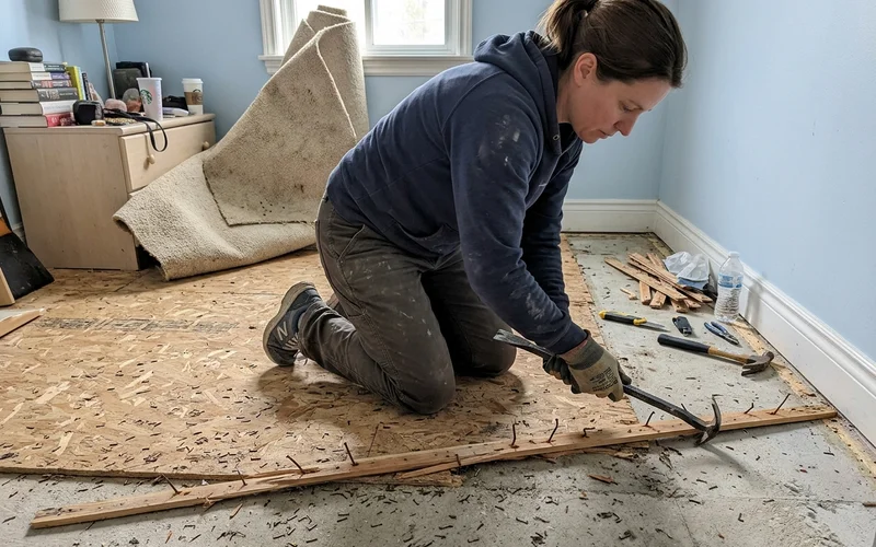 Crew member removing tack strips after lifting carpet