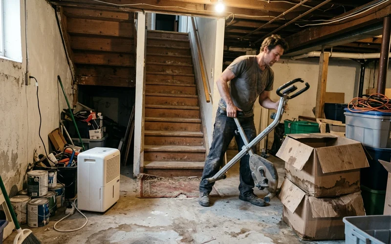 Crew member staging basement items at the foot of the stairs