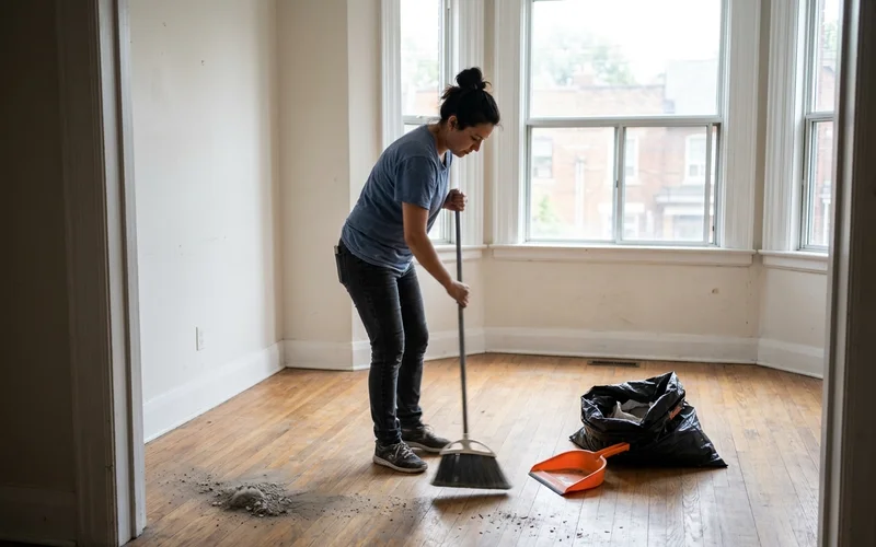 Crew member sweeping a cleared rental unit