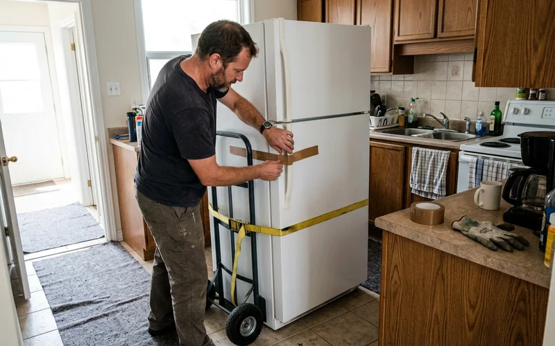 Crew member securing a fridge door before transport