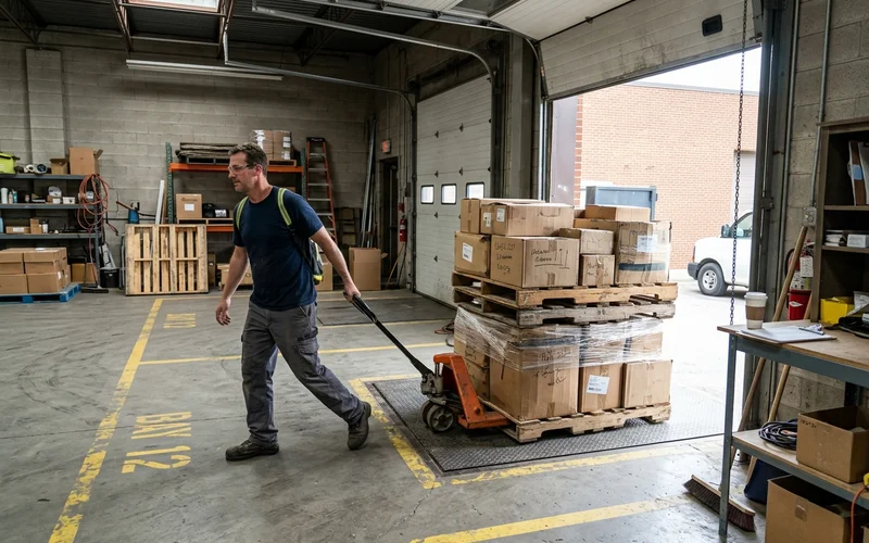 Crew member moving pallets towards the loading door