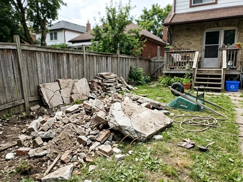 Broken concrete and rubble piled after demolition