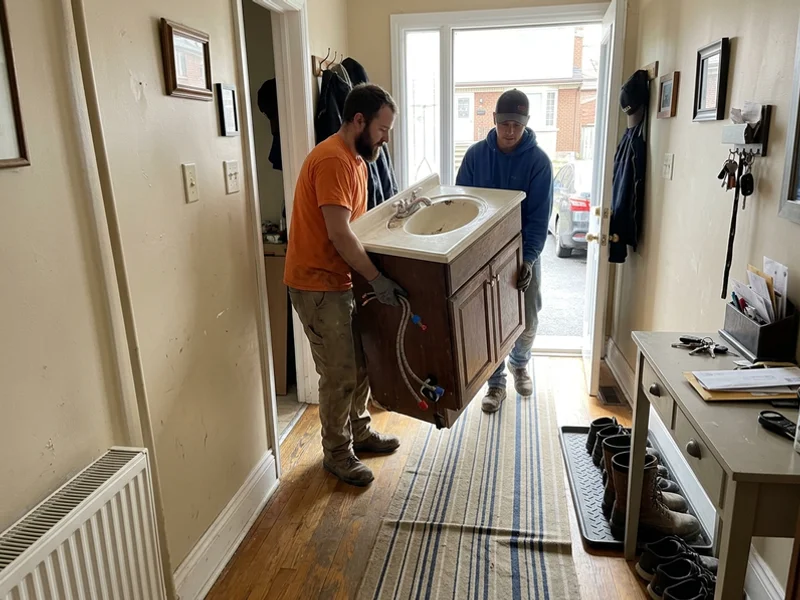 Crew carrying an old vanity out of the house