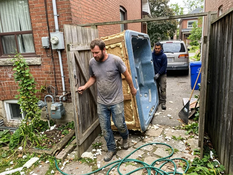 Crew carrying hot tub sections through a side gate