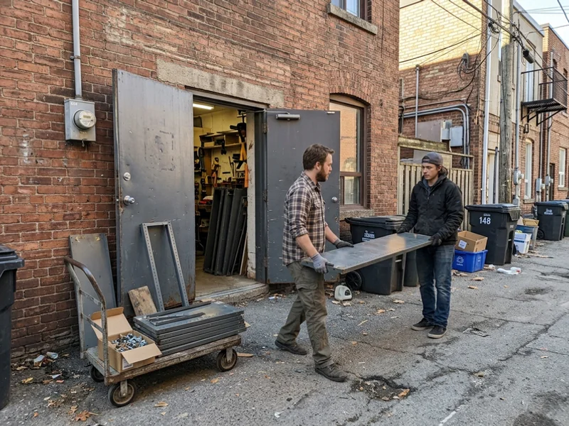 Crew carrying shelving out through a service door