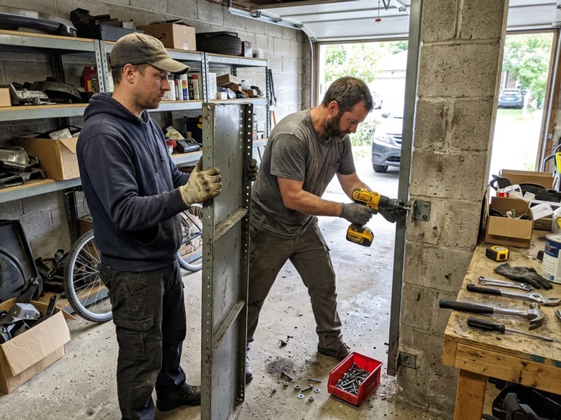 Crew dismantling garage shelving