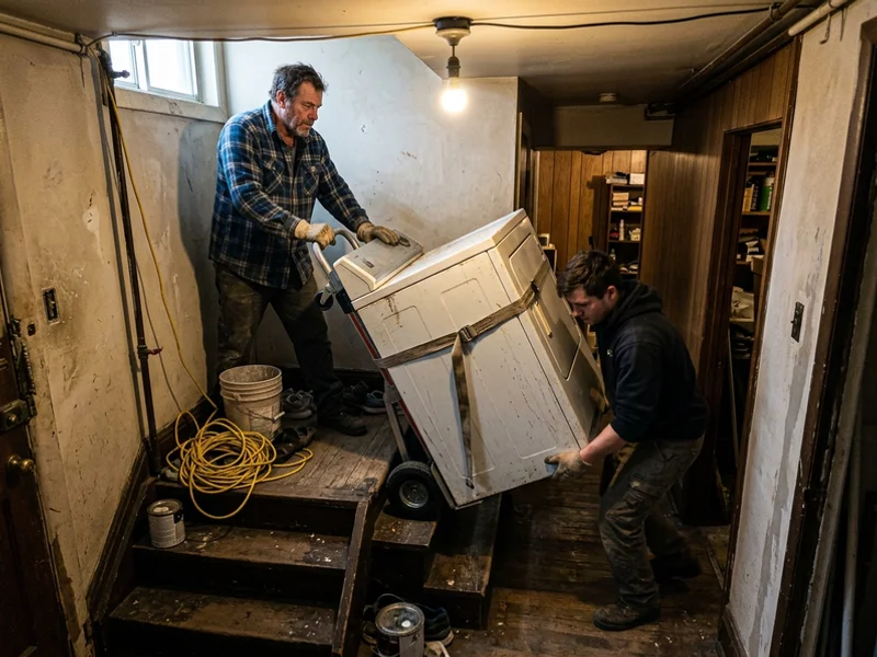 Crew moving a dryer up basement stairs