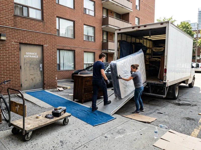 Crew loading furniture at an apartment loading area