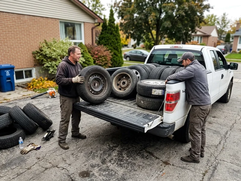 Crew loading tires with rims into the truck