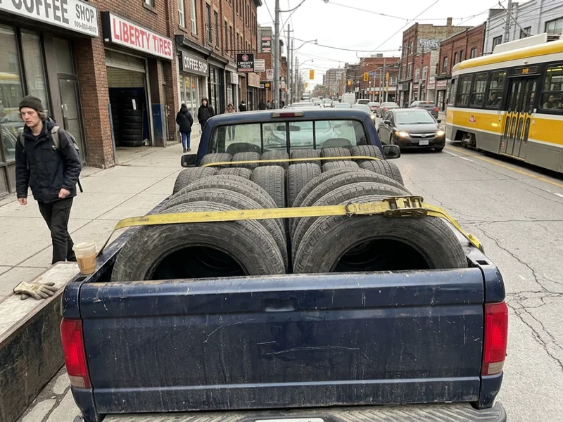 Tires stacked for delivery to a recycling facility