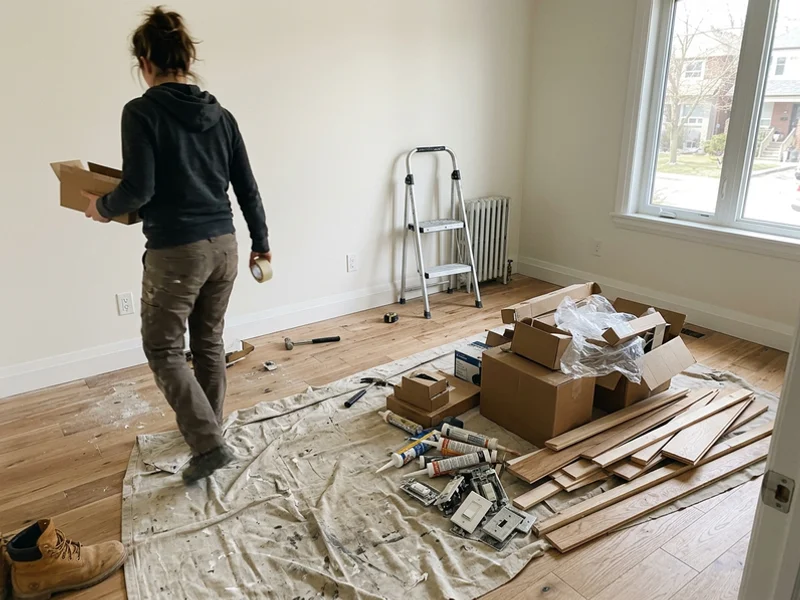 Renovated room cluttered with leftover debris