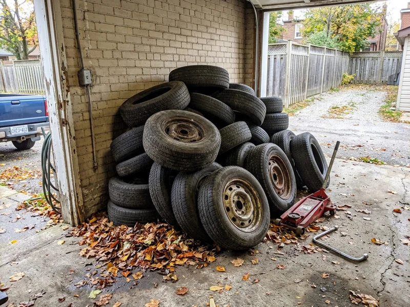 Old tires stacked in a garage before collection