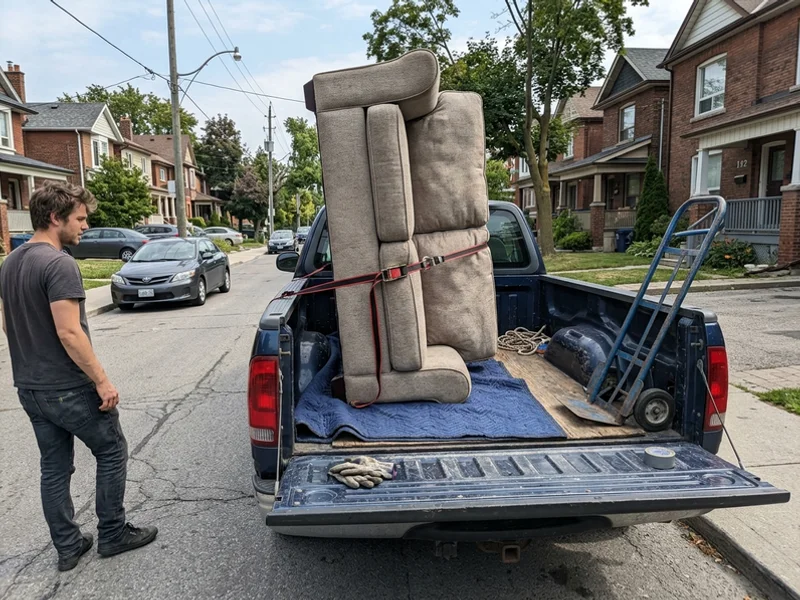 Sofa loaded and strapped into the truck