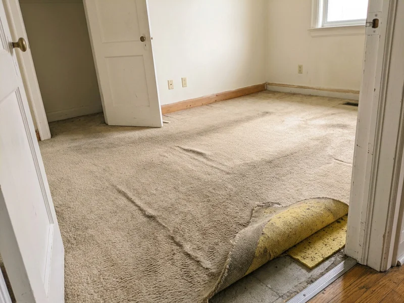 Worn carpet before removal