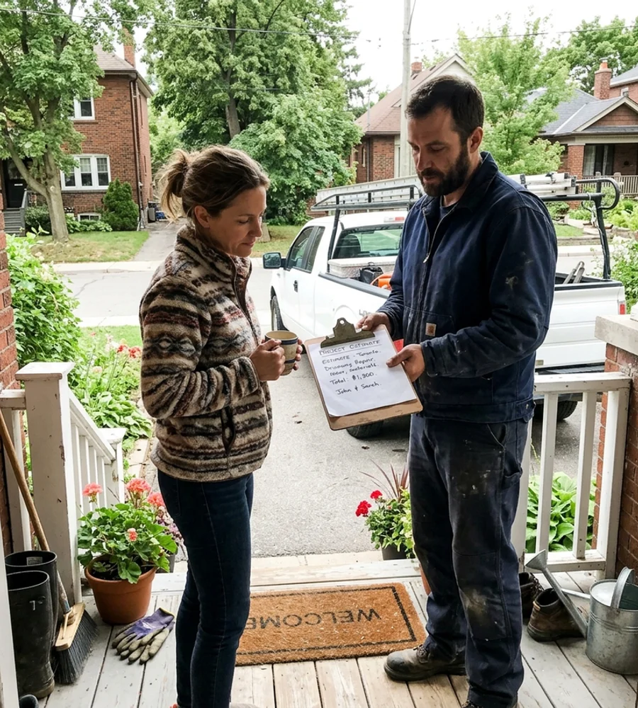 Crew member handing a written upfront quote to a homeowner before starting work