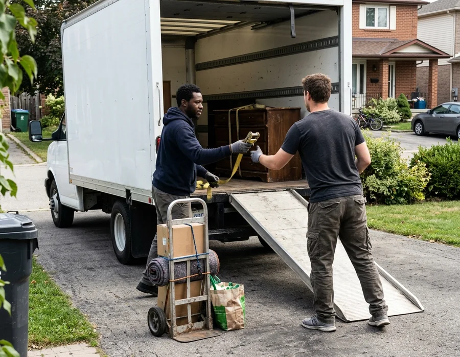 Two-person crew loading a truck together outside a GTA home