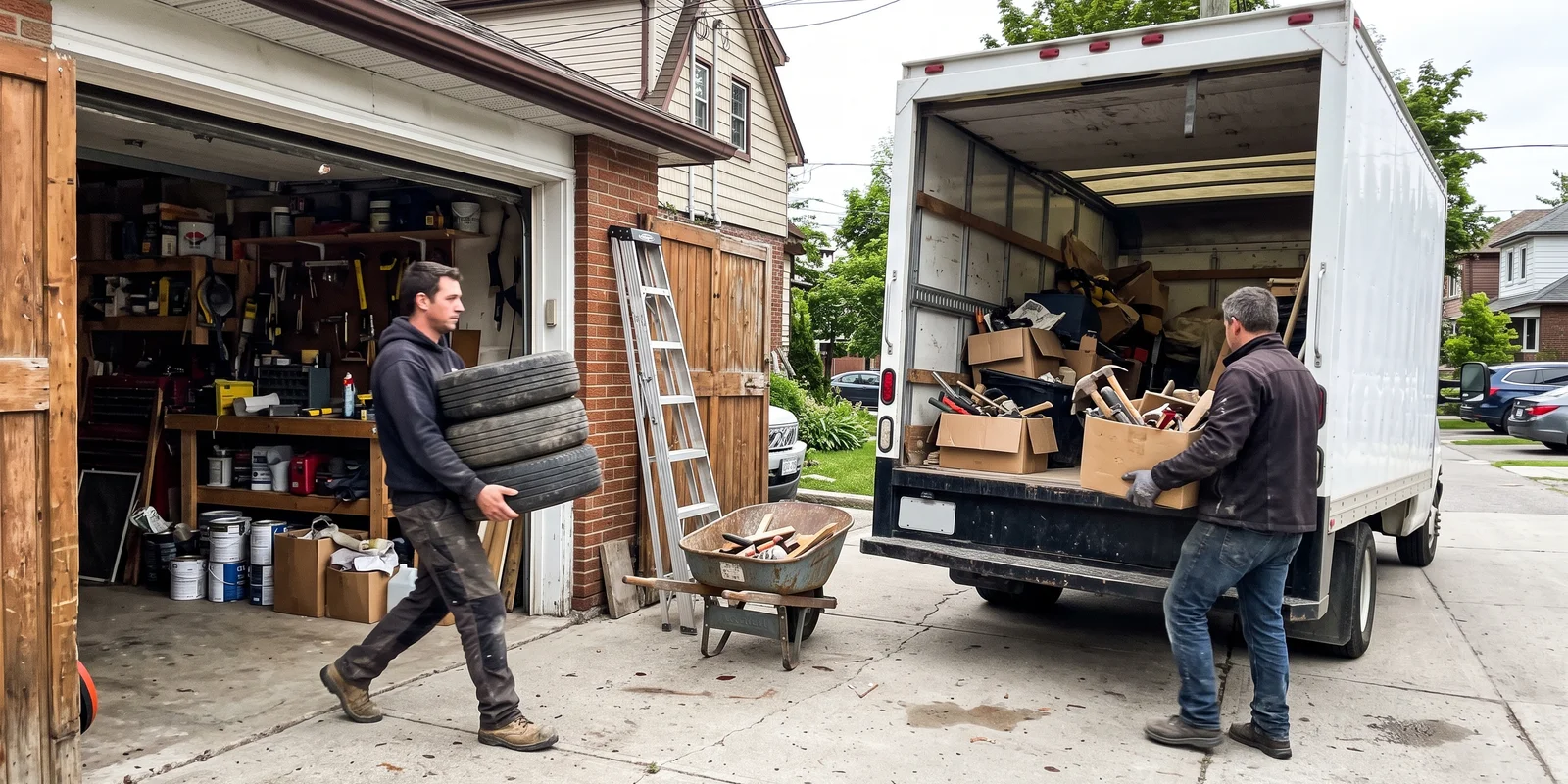 Crew clearing a double garage into a truck on the driveway
