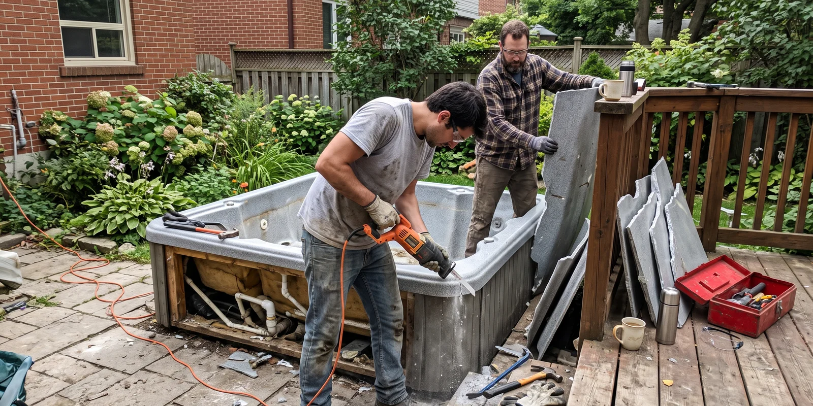 Crew dismantling an old hot tub in a Toronto backyard