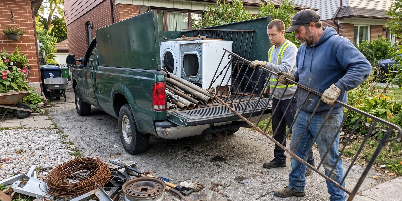 Crew loading scrap metal into a truck for recycling