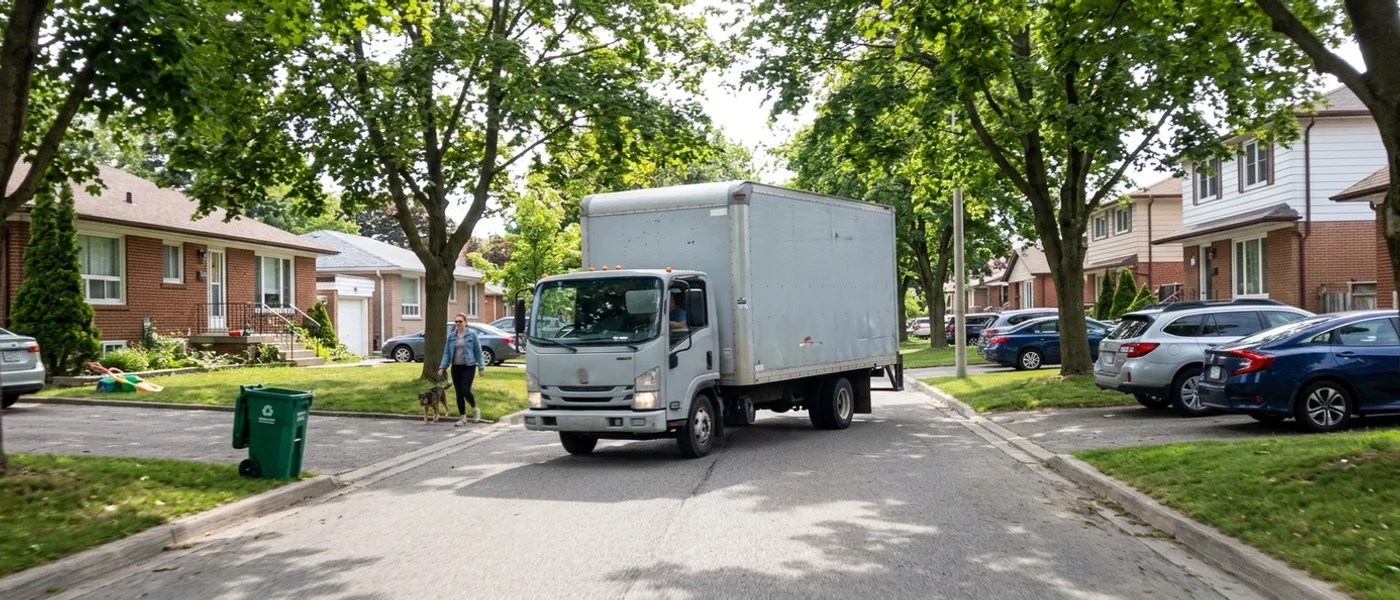 Work truck driving through a Greater Toronto Area neighbourhood