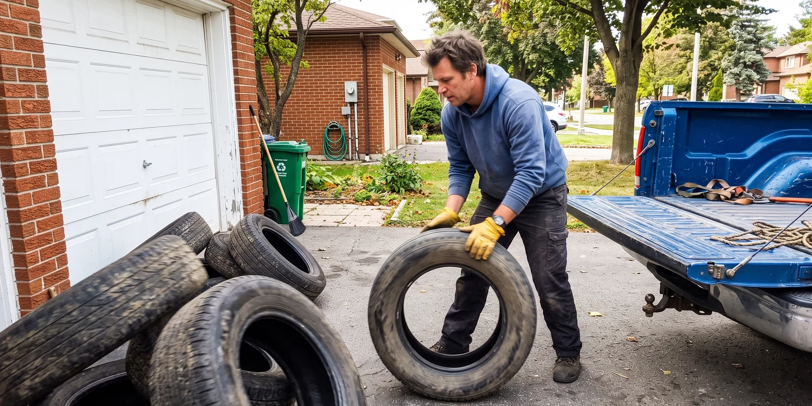 Crew loading old tires into a truck for recycling